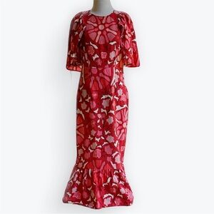 Rhode Midi Dress Red Zinnia Print Boho Bell Sleeve Ruffle Casual Linen Blend ~4